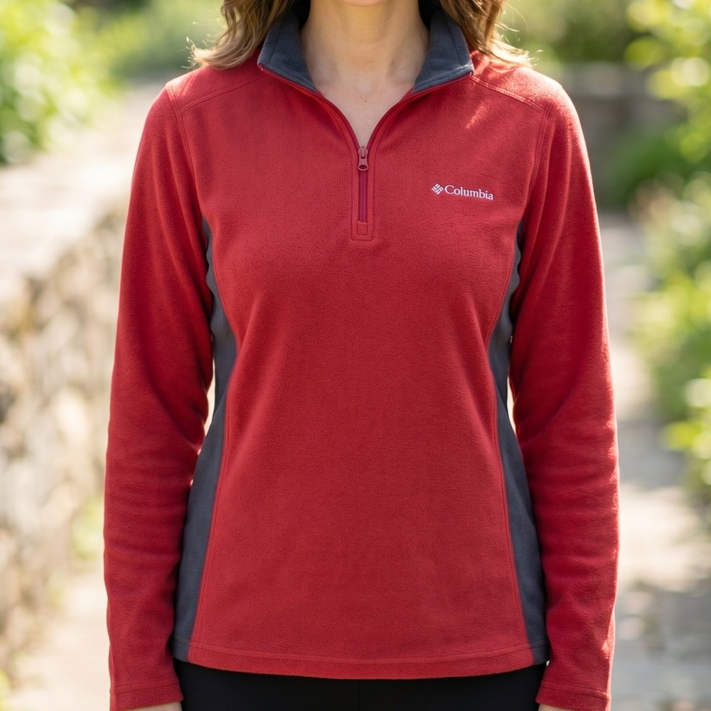 Columbia Mens Red Charcoal Grey Fleece 1/4 Zip Pullover Jacket Trail Hiking